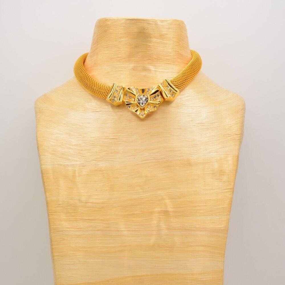 Givenchy Vintage Crystal Heart Choker Necklace Brushed Gold NOS Signed 80s Bin7A - Picture 6 of 12
